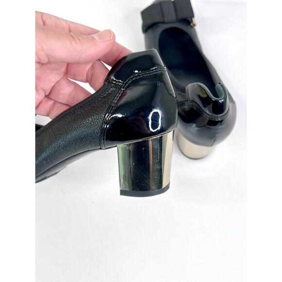 Hogan Size 5 Leather Pump Gold Tone Metallic Block Heel, Fabric Bow Metal Edges - Picture 7 of 15